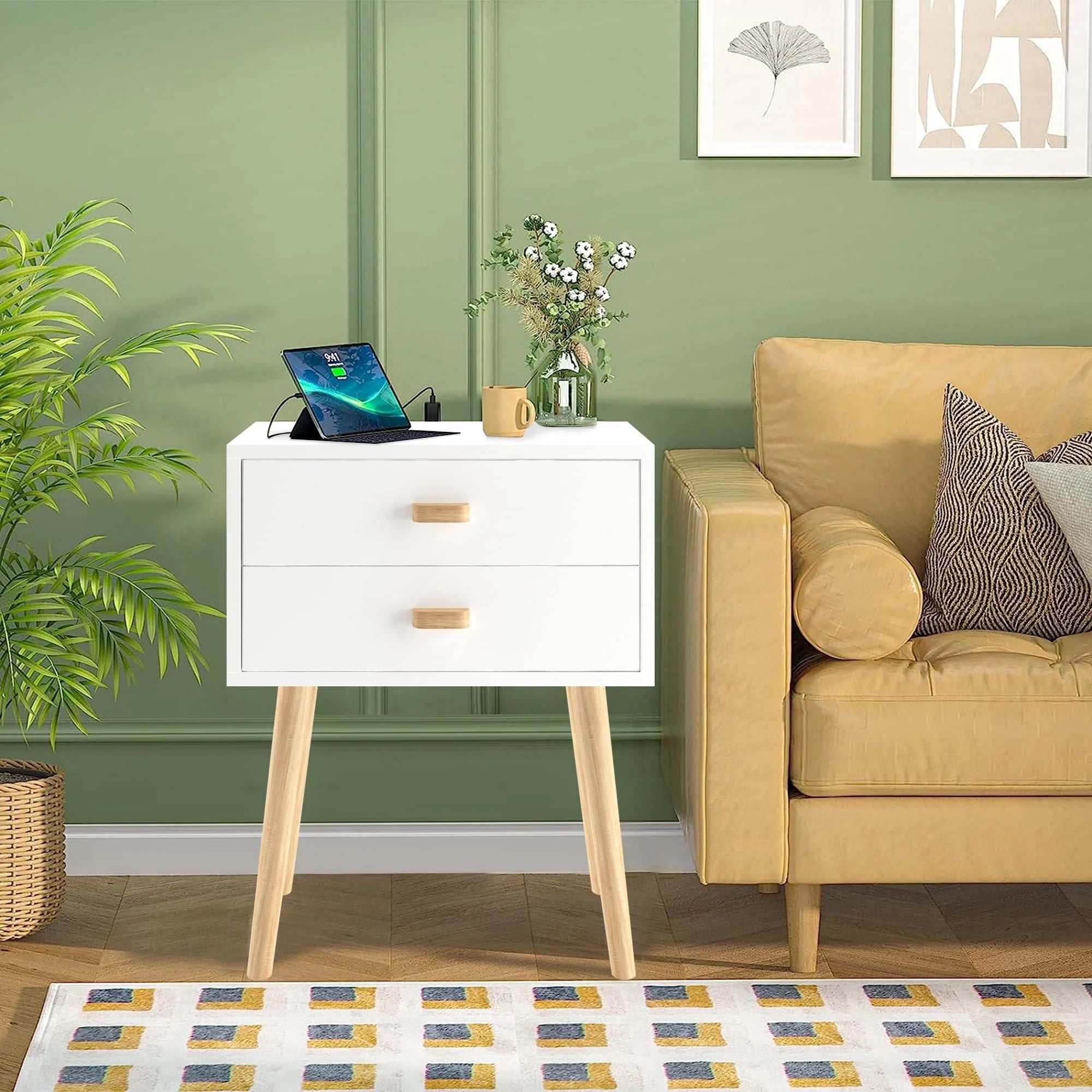 Syngar Nightstand Set of 2, Bedroom Bedside Table with 2 Drawer Storage Shelf, Simple Modern Night Stand End Table with Wood Handle, Easy Assembly, Suitable for Living Room Bedroom Furniture, White