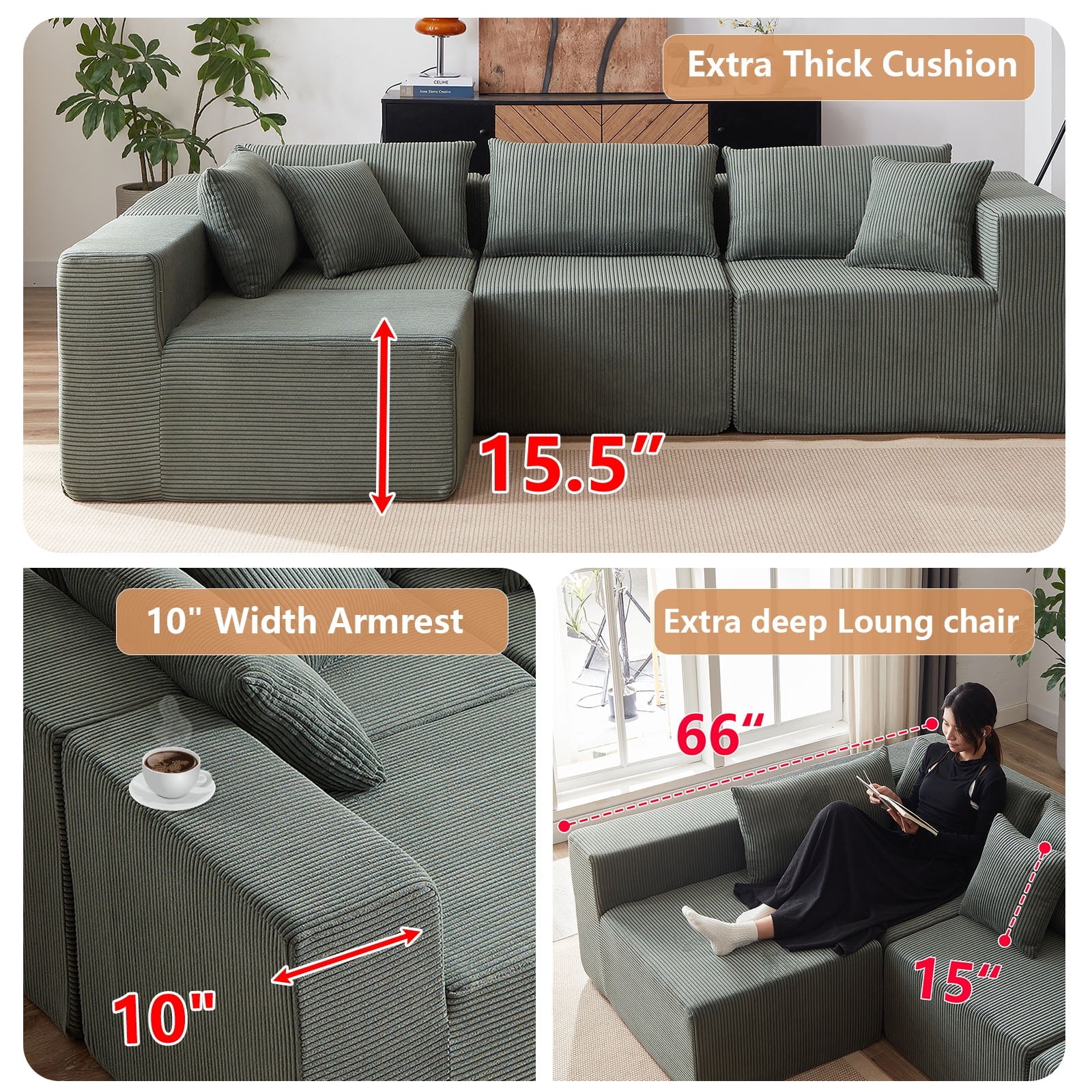 104 - Inch Corduroy Modular L Shaped Sectional Sofa, Luxury Floor Couch Set, Upholstered Indoor Furniture, Foam - Filled Compressed Sofa for Living Room, Bedroom, 4 PC Free Combination ?