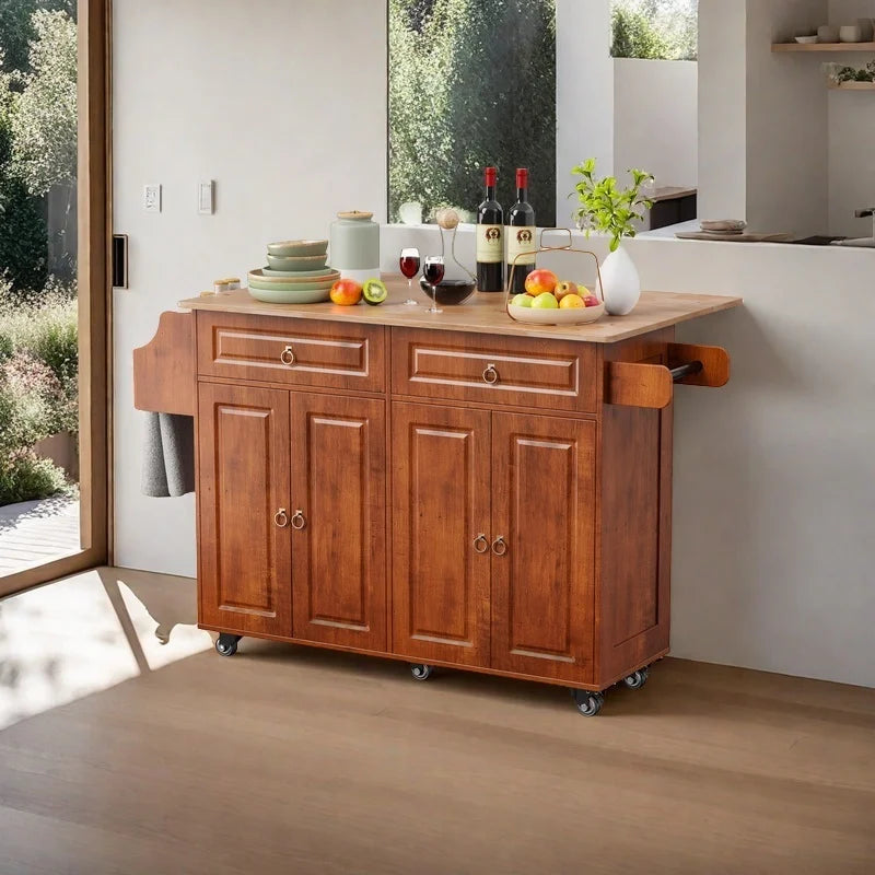 Lofka 52 - Inch Kitchen Island with Storage on Wheels with Wood Drop Leaf, Ideal for Small Kitchens