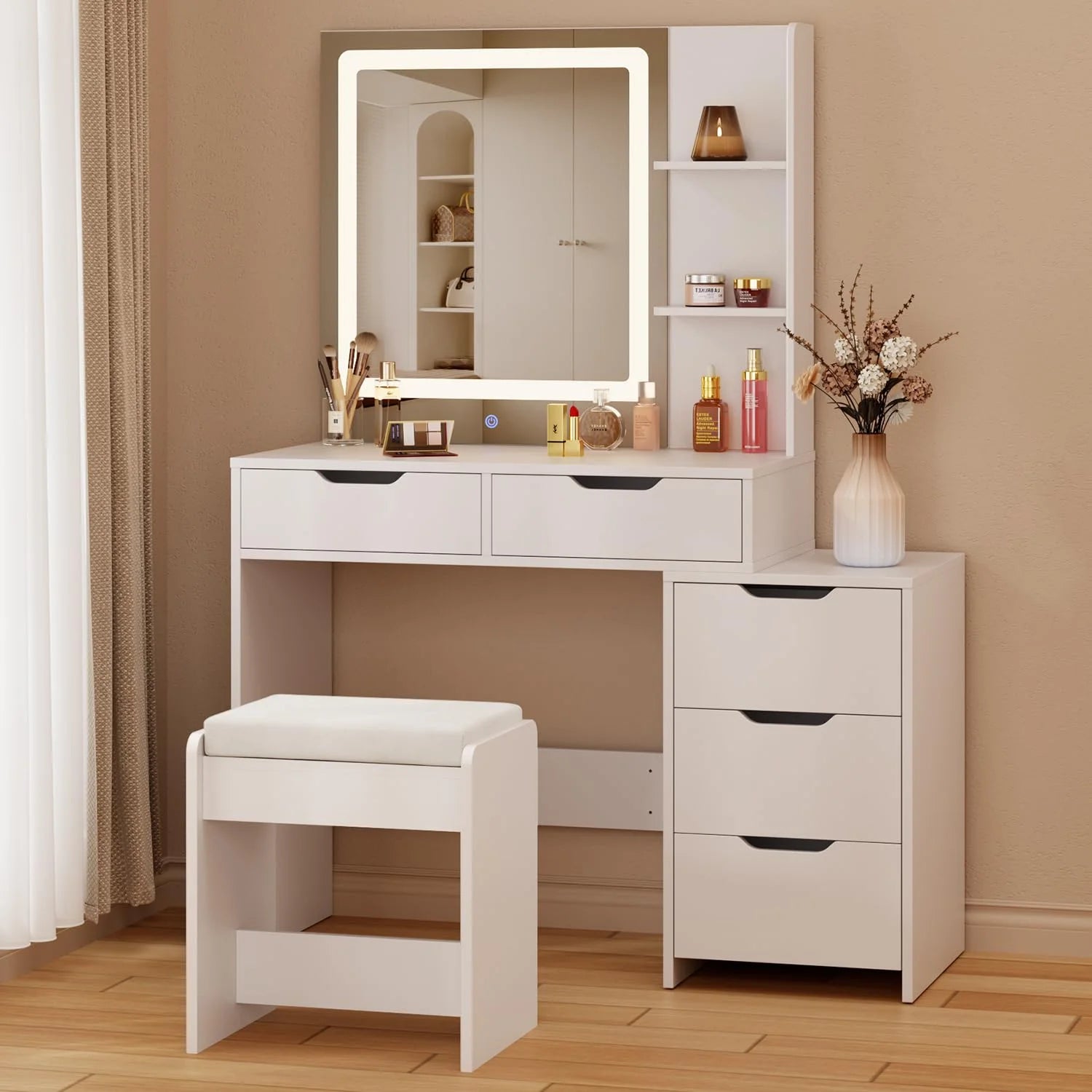 Bedroom Furniture Set - Includes Queen Bed Frame, Nightstands Set of 2, 5 - Drawer Dresser & Vanity Desk - Modern Storage Solution for Stylish Home Decor, Beige/White
