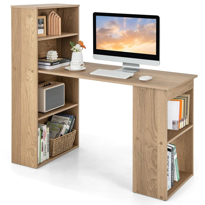 48" Computer Desk with 6-Tier Storage Shelves, 3-in-1 Reversible Writing Desk w/ Bookshelf & CPU Stand, Space-Saving Home Office Workstation