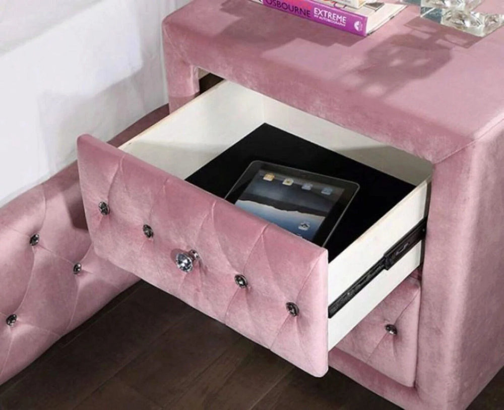 Glam Pink Upholstered Tufted Velvet Like Fabric 4pc Full Size Bed Set Dresser Mirror Nightstand Bedroom Furniture