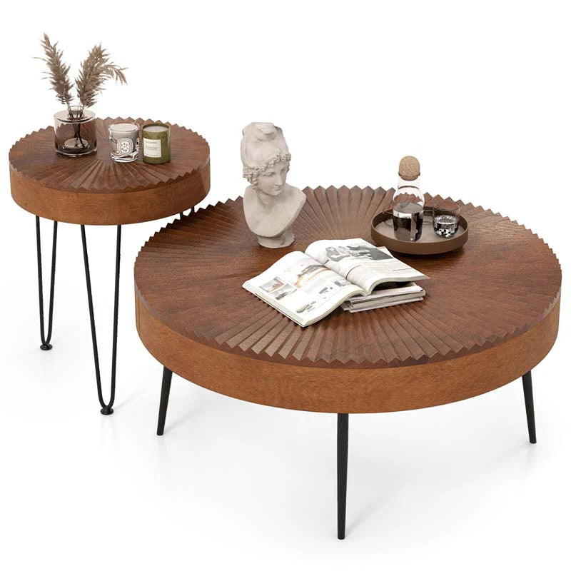 Boho Farmhouse Round Coffee Table Set of 2, Solid Pine Wood Nesting End Table with Metal Legs, Adjustable Foot Pads for Living Room