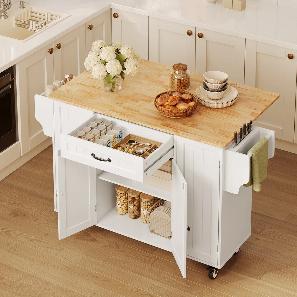 Noelse Kitchen Island with Storage, Island Table for Kitchen with Drop Leaf, Spice Rack, Towel Bar for Small Kitchens, White