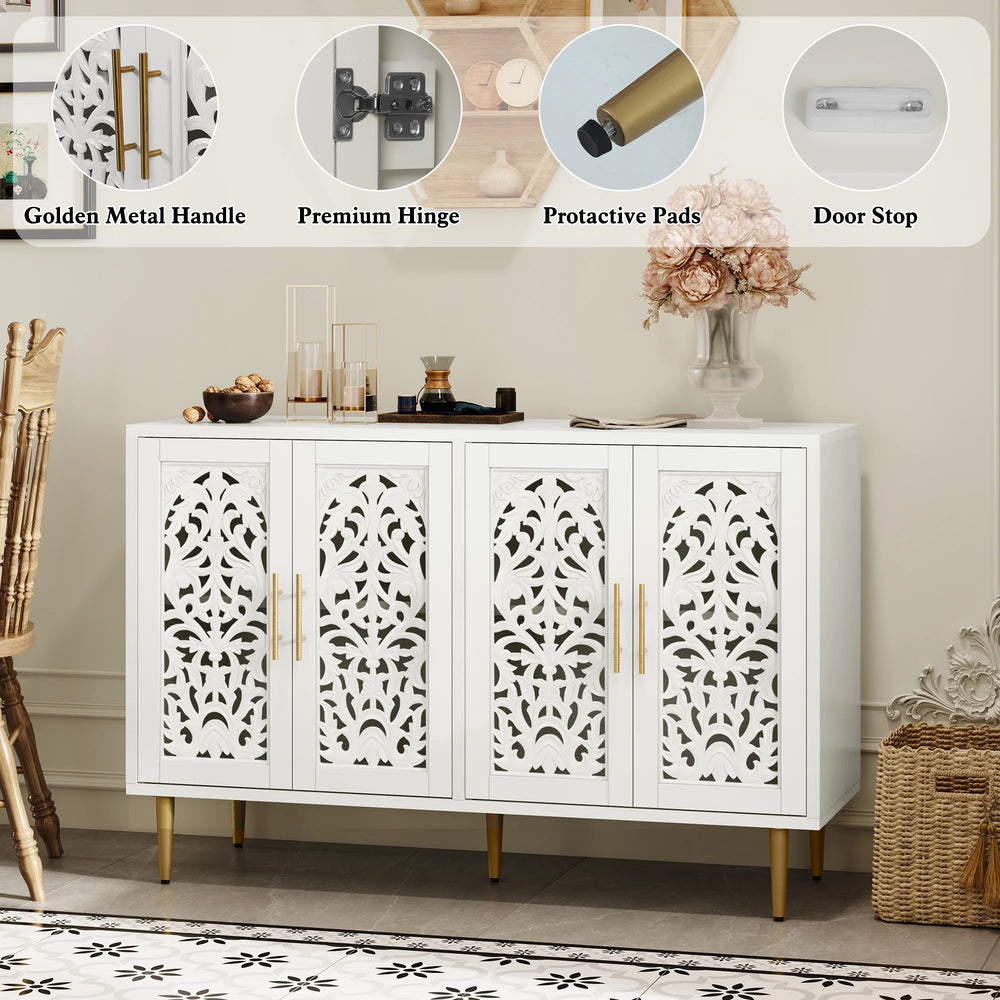 HLR 48" Accent Cabinet with 4 Doors, Vintage Hollow Carving Storage Credenza, Sideboards and Buffets Cabinet for Living Room, Kitchen, Dining Room, Entryway - 63"-4door-Black