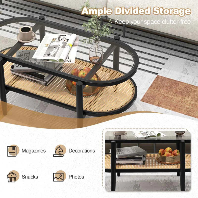 2-Tier Oval Boho Coffee Table with Tempered Glass Top, Rattan Shelf & Acacia Wood Frame, Mid Century Modern Center Table for Living Room Office