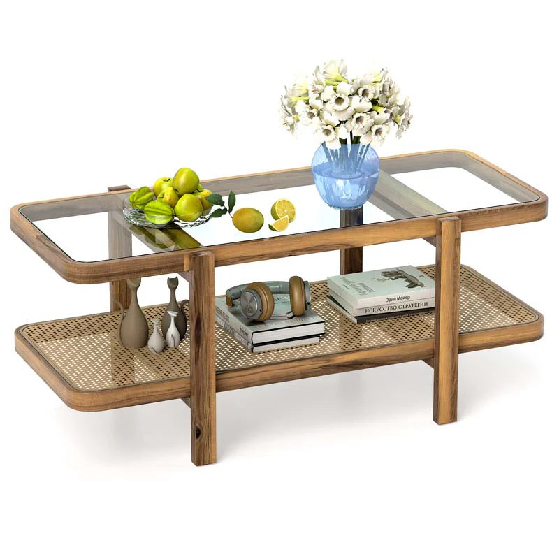 2-Tier Rattan Coffee Table, 47.5" Solid Wood Rectangle Tea Table with Tempered Glass Top & Storage Shelf, Farmhouse Boho Center Table for Living Room