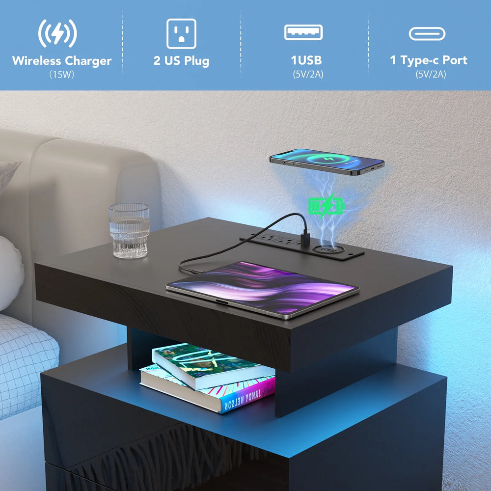 Hommpa LED Nightstand Wireless Charging Station USB Type C Outlets Bedside Table 3 Drawers Black Night Table Modern Smart Nightstand High Gloss End Side Table for Bedroom Furniture 26.8" Tall - Dark Walnut / Single