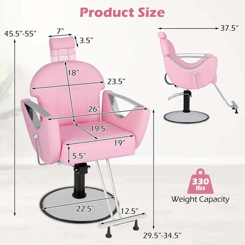 Reclining Barber Chair, 360° Swivel Salon Chair with Heavy Duty Hydraulic Pump, Adjustable Height & Headrest for Hair Styling, Makeup, Tattoo