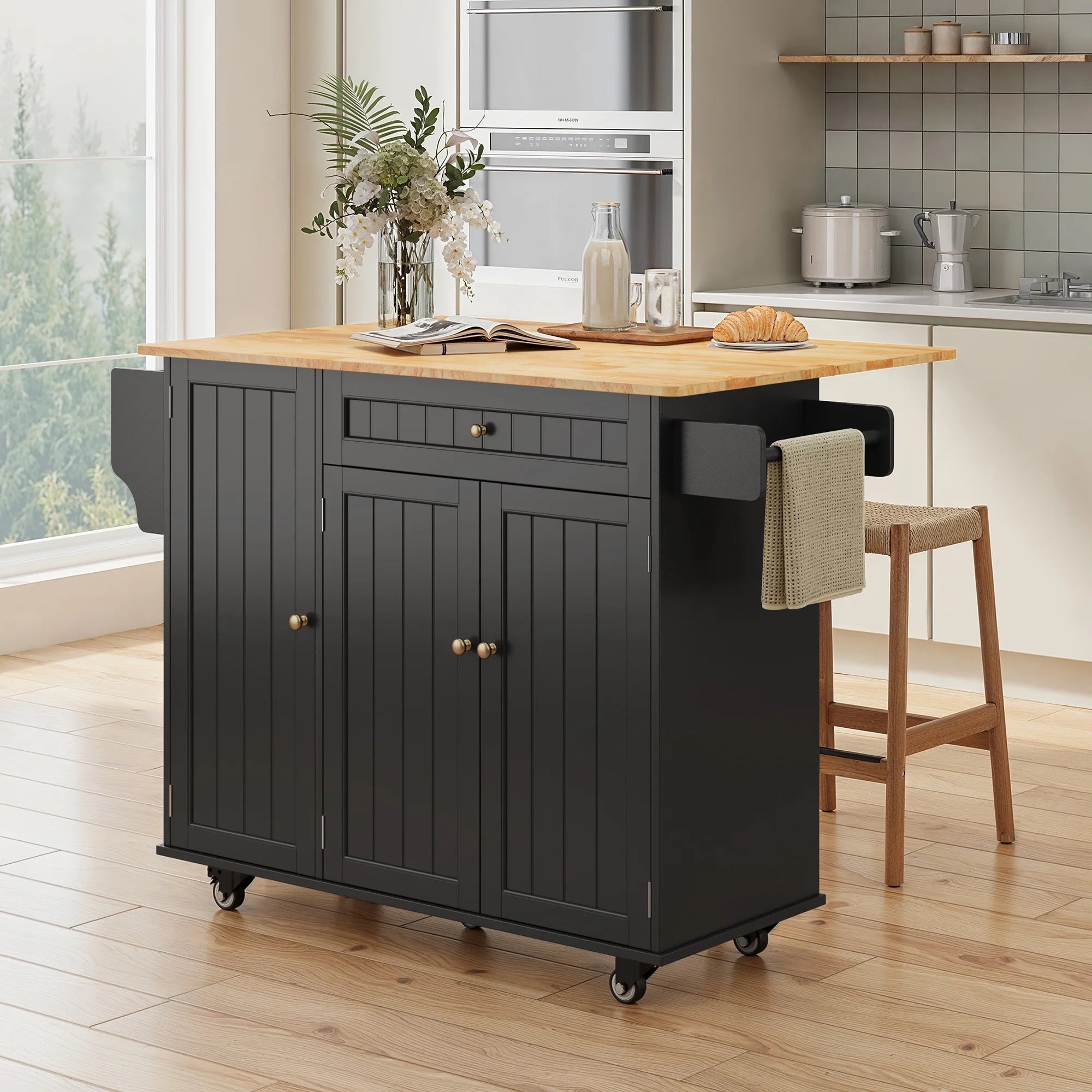 Noelse Kitchen Island with Storage, Island Table for Kitchen with Drop Leaf, Spice Rack, Towel Bar for Small Kitchens, White