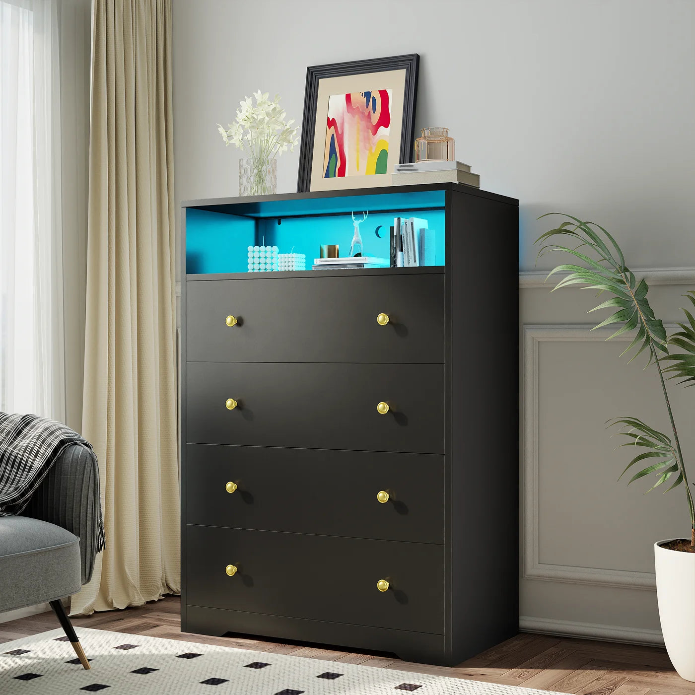 4 - Drawer Black Wood Dresser with LED Lights, Modern Chest of Drawers for Bedroom, Living Room