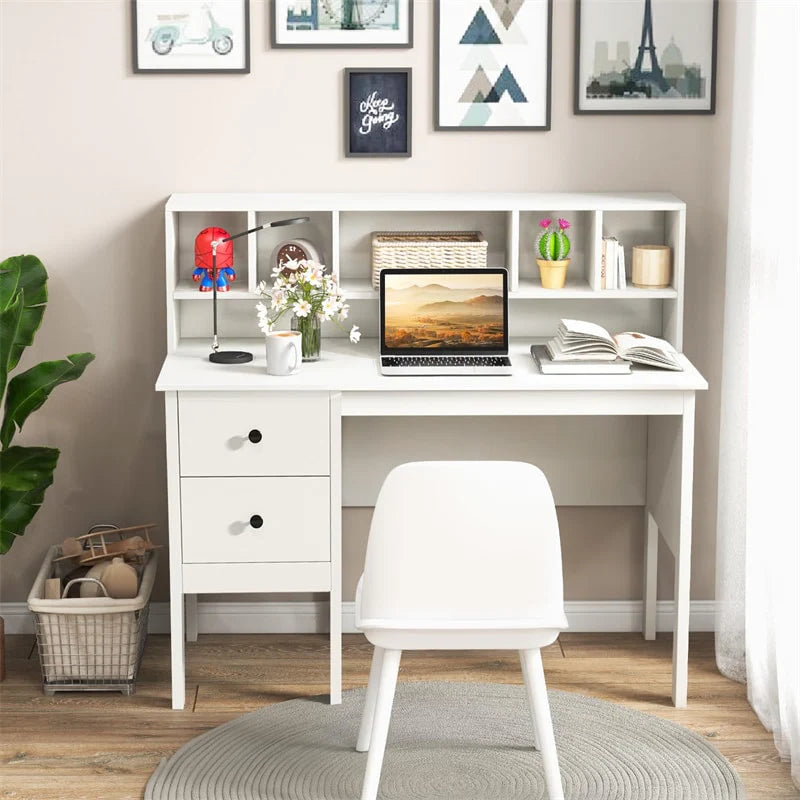 48" Home Office Desk with Power Outlets, USB & Type-C Charging Station, Modern Writing Desk w/ 5-Cubby Hutch & Drawers for Study Makeup Vanity - Black