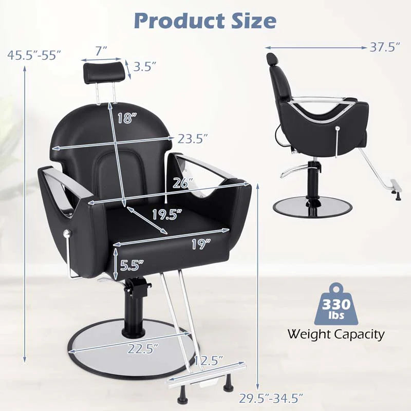 Reclining Barber Chair, 360° Swivel Salon Chair with Heavy Duty Hydraulic Pump, Adjustable Height & Headrest for Hair Styling, Makeup, Tattoo