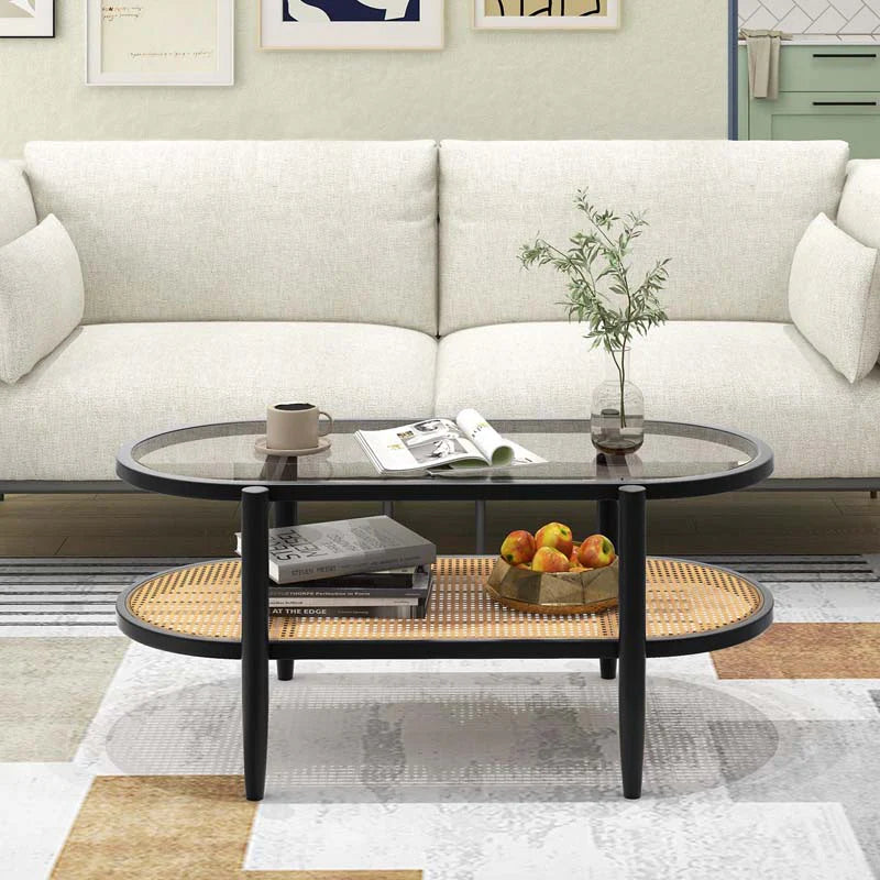 2-Tier Oval Boho Coffee Table with Tempered Glass Top, Rattan Shelf & Acacia Wood Frame, Mid Century Modern Center Table for Living Room Office