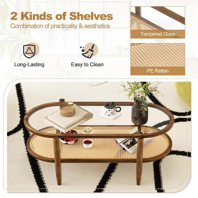 2-Tier Oval Boho Coffee Table with Tempered Glass Top, Rattan Shelf & Acacia Wood Frame, Mid Century Modern Center Table for Living Room Office