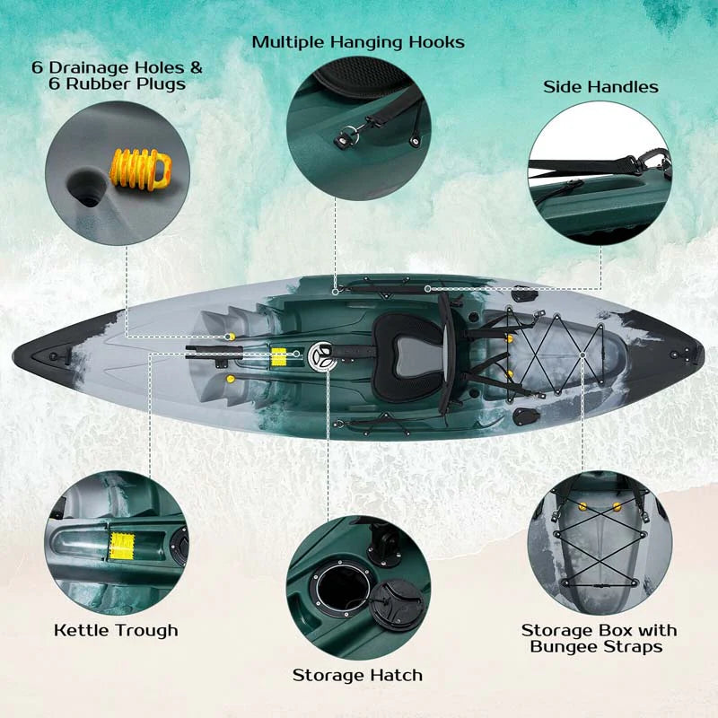 Sit-on-Top Fishing Kayak with Aluminum Paddle, 4 Fishing Rod Holders & Padded Seat, 9.7FT 1-Person Recreational Touring Kayak for Lake, River, Ocean