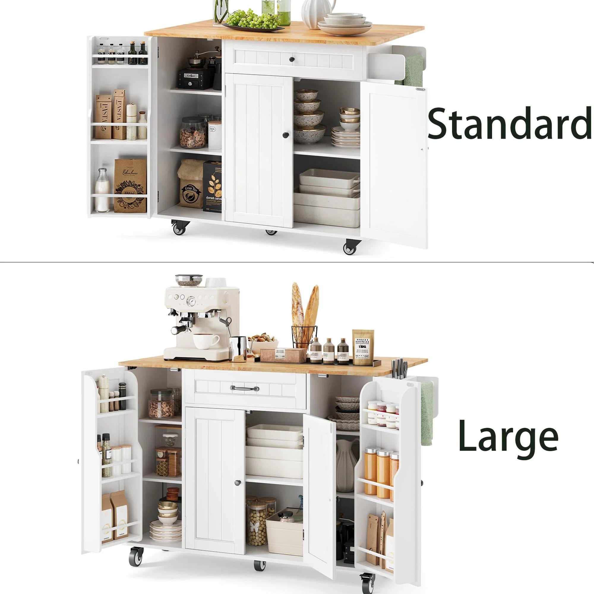 Noelse Kitchen Island with Storage, Island Table for Kitchen with Drop Leaf, Spice Rack, Towel Bar for Small Kitchens, White - White-Large