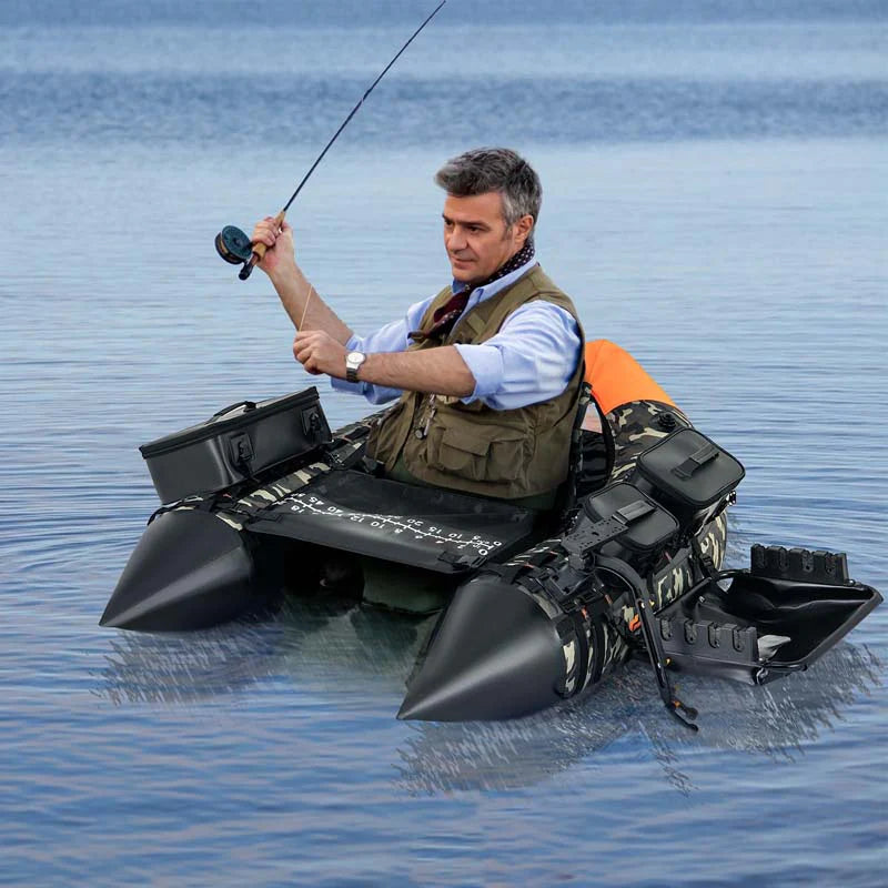Inflatable Fishing Float Tube, 350LBS Portable Belly Boat with Rod Rack Basket, Fish Finder Holder, Fish Ruler, 3 Storage Boxes & Pump - Camouflage