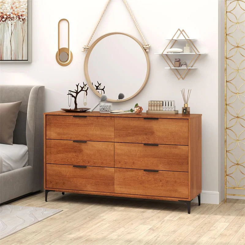 Mid-Century Modern 6-Drawer Dresser, Wooden Chest of Drawers with Anti-Tip Interlock System & Metal Legs for Bedroom, Living Room & Hallway - 1 PCS