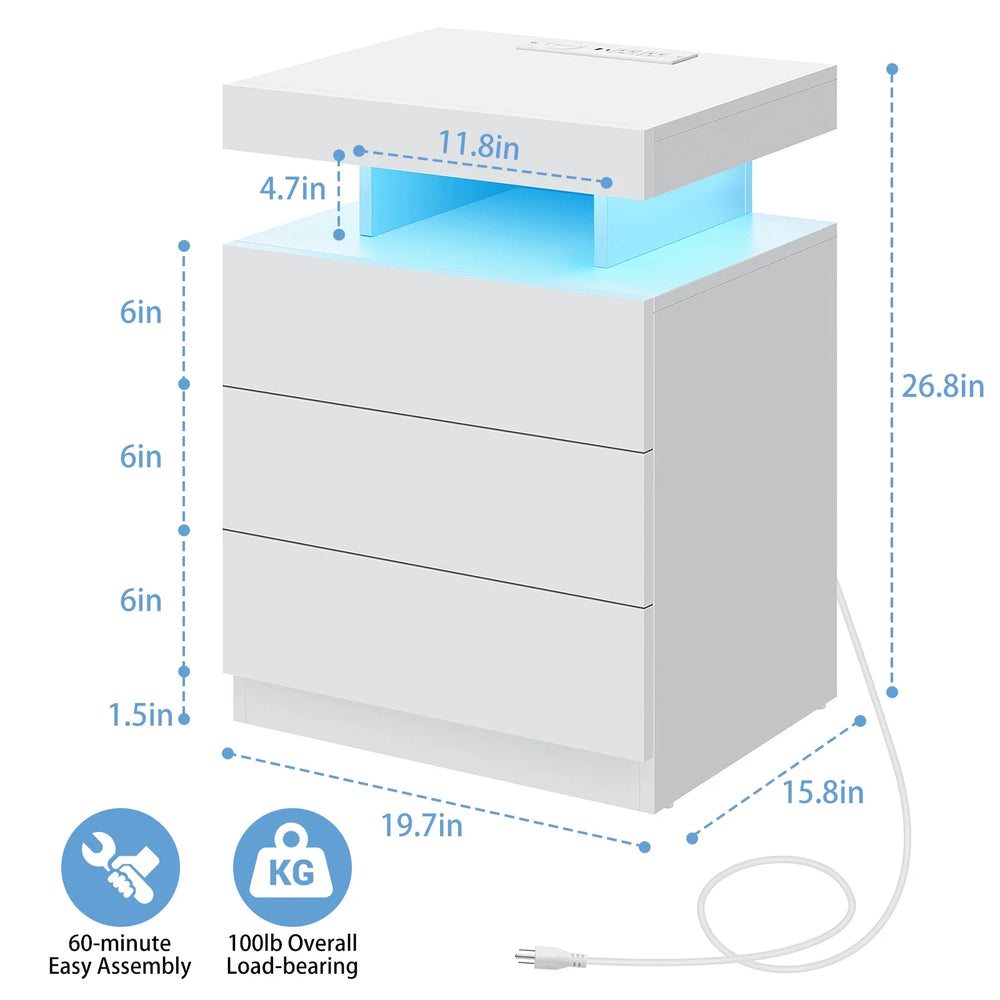 Hommpa LED Nightstand Wireless Charging Station USB Type C Outlets Bedside Table 3 Drawers Black Night Table Modern Smart Nightstand High Gloss End Side Table for Bedroom Furniture 26.8" Tall