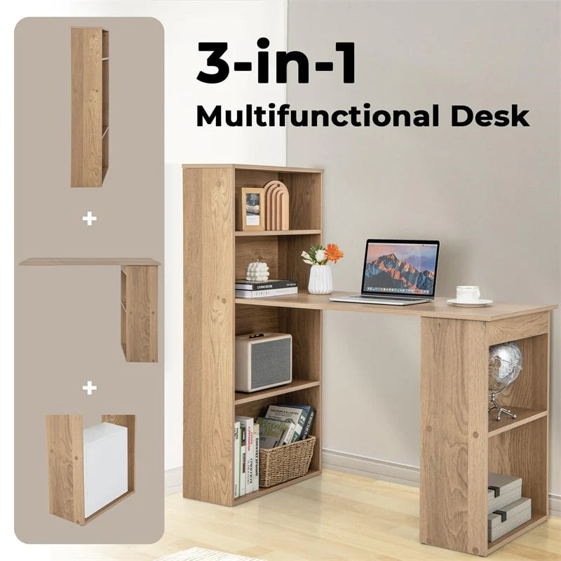 48" Computer Desk with 6-Tier Storage Shelves, 3-in-1 Reversible Writing Desk w/ Bookshelf & CPU Stand, Space-Saving Home Office Workstation