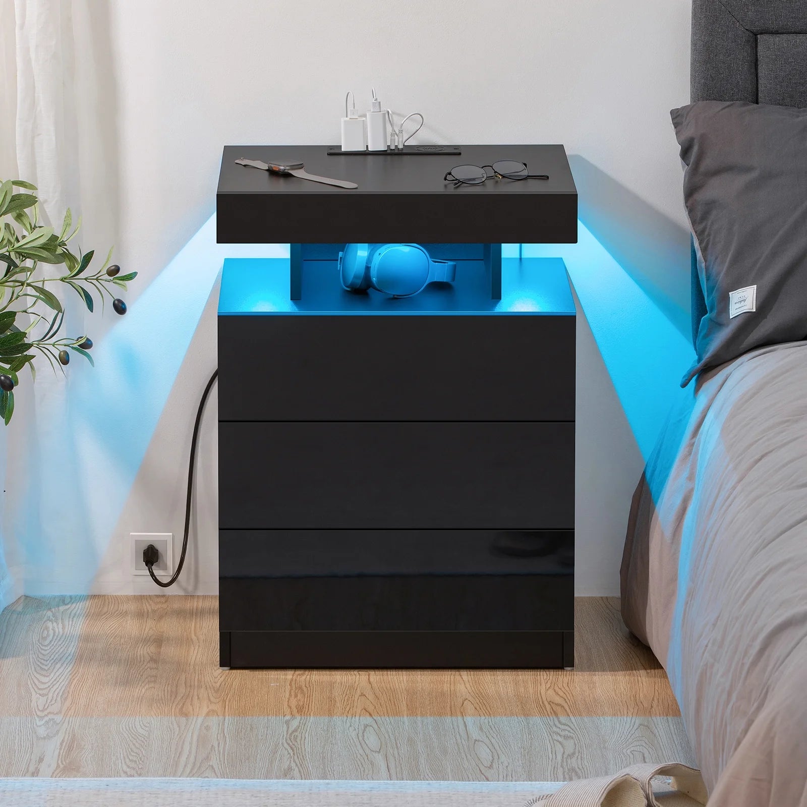 Hommpa LED Nightstand Wireless Charging Station USB Type C Outlets Bedside Table 3 Drawers Black Night Table Modern Smart Nightstand High Gloss End Side Table for Bedroom Furniture 26.8" Tall - White / 2 Pack