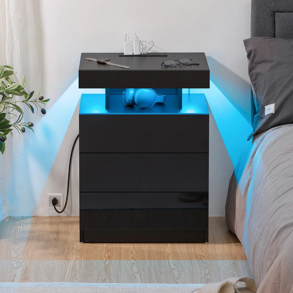 Hommpa LED Nightstand Wireless Charging Station USB Type C Outlets Bedside Table 3 Drawers Black Night Table Modern Smart Nightstand High Gloss End Side Table for Bedroom Furniture 26.8" Tall - White / 2 Pack