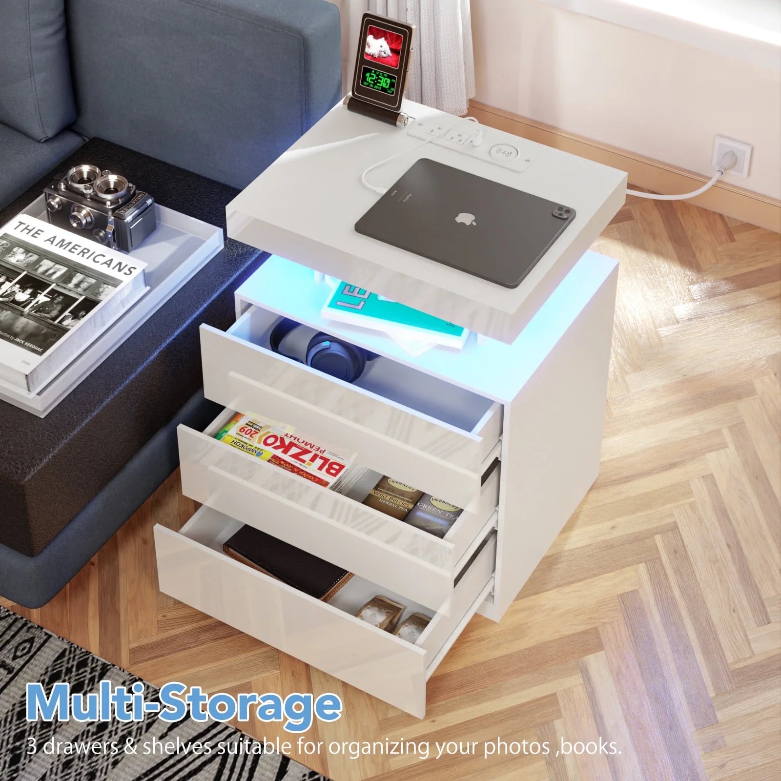 Hommpa LED Nightstand Wireless Charging Station USB Type C Outlets Bedside Table 3 Drawers Black Night Table Modern Smart Nightstand High Gloss End Side Table for Bedroom Furniture 26.8" Tall