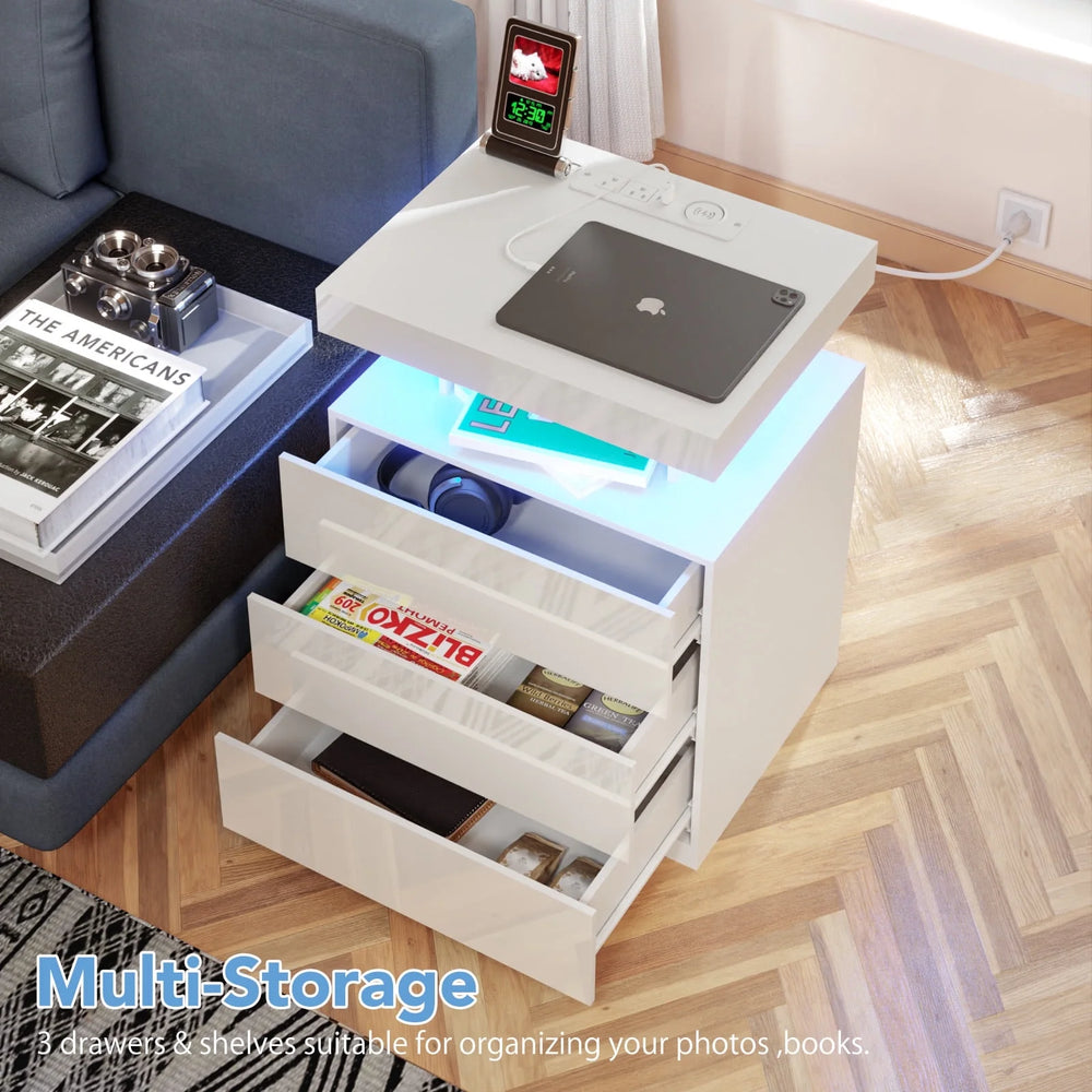 Hommpa LED Nightstand Wireless Charging Station USB Type C Outlets Bedside Table 3 Drawers Black Night Table Modern Smart Nightstand High Gloss End Side Table for Bedroom Furniture 26.8" Tall