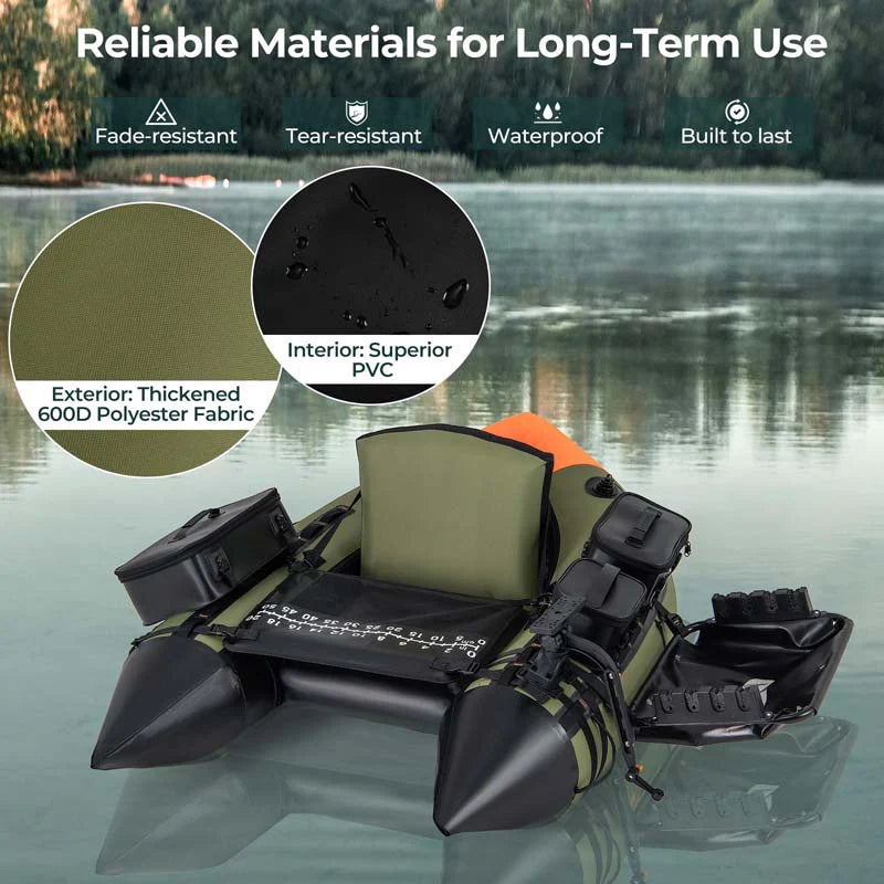 Inflatable Fishing Float Tube, 350LBS Portable Belly Boat with Rod Rack Basket, Fish Finder Holder, Fish Ruler, 3 Storage Boxes & Pump