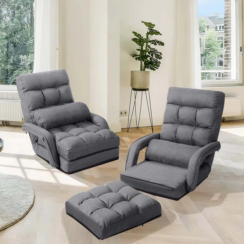 Folding Lazy Sofa Floor Chair with 6-Position Adjustable Backrest, Lumbar Pillow & Armrests, Indoor Chaise Lounge Sofa for Gaming, Living Room
