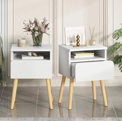 Syngar Nightstand Set of 2, Bedroom Bedside Table with 2 Drawer Storage Shelf, Simple Modern Night Stand End Table with Wood Handle, Easy Assembly, Suitable for Living Room Bedroom Furniture, White