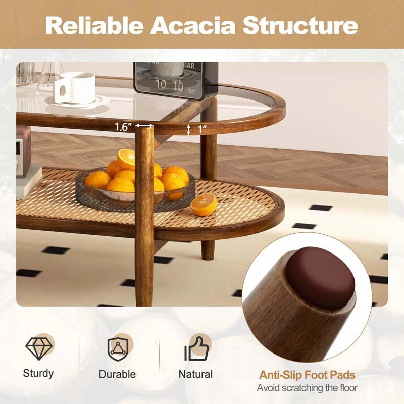 2-Tier Oval Boho Coffee Table with Tempered Glass Top, Rattan Shelf & Acacia Wood Frame, Mid Century Modern Center Table for Living Room Office