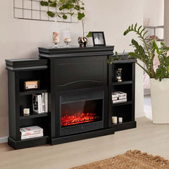 70" Fireplace Mantel TV Stand with Storage Shelves, Freestanding Wood Media Console for 28.5" Fireplace Insert, Living Room & Bedroom - Brown