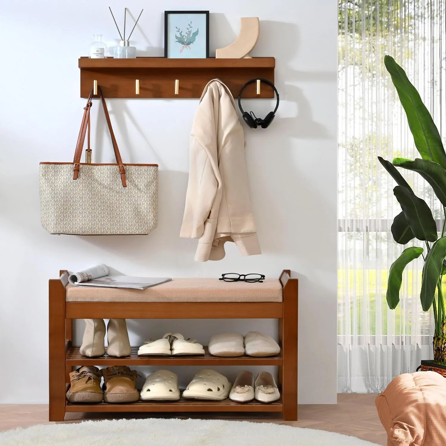 Shoe Rack for Front Door Entrance, 28 Entryway Bench with Coat Rack, Hall Tree Shoe Bench with Storage for Entry, Hallway, Bedroom, Living Room