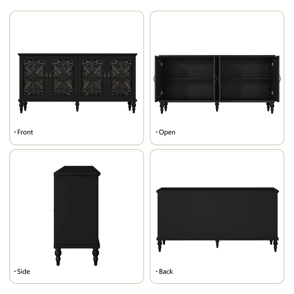 HLR 48" Accent Cabinet with 4 Doors, Vintage Hollow Carving Storage Credenza, Sideboards and Buffets Cabinet for Living Room, Kitchen, Dining Room, Entryway