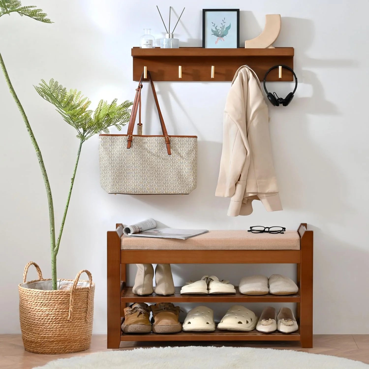 Shoe Rack for Front Door Entrance, 28 Entryway Bench with Coat Rack, Hall Tree Shoe Bench with Storage for Entry, Hallway, Bedroom, Living Room