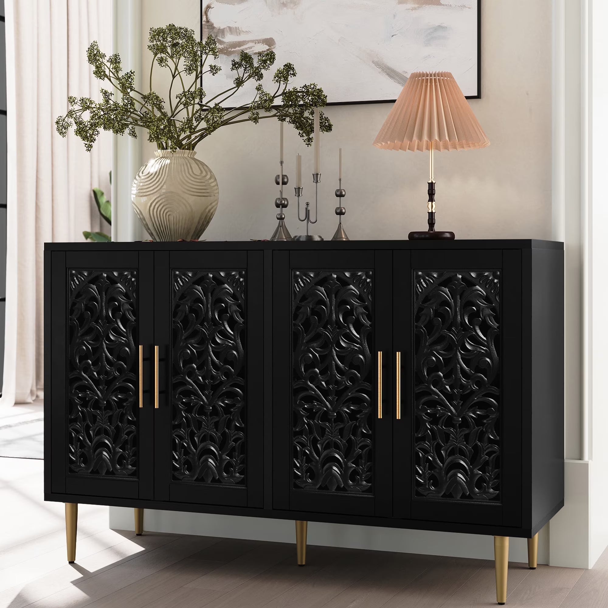 HLR 48" Accent Cabinet with 4 Doors, Vintage Hollow Carving Storage Credenza, Sideboards and Buffets Cabinet for Living Room, Kitchen, Dining Room, Entryway