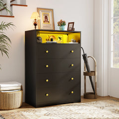 4 - Drawer Black Wood Dresser with LED Lights, Modern Chest of Drawers for Bedroom, Living Room