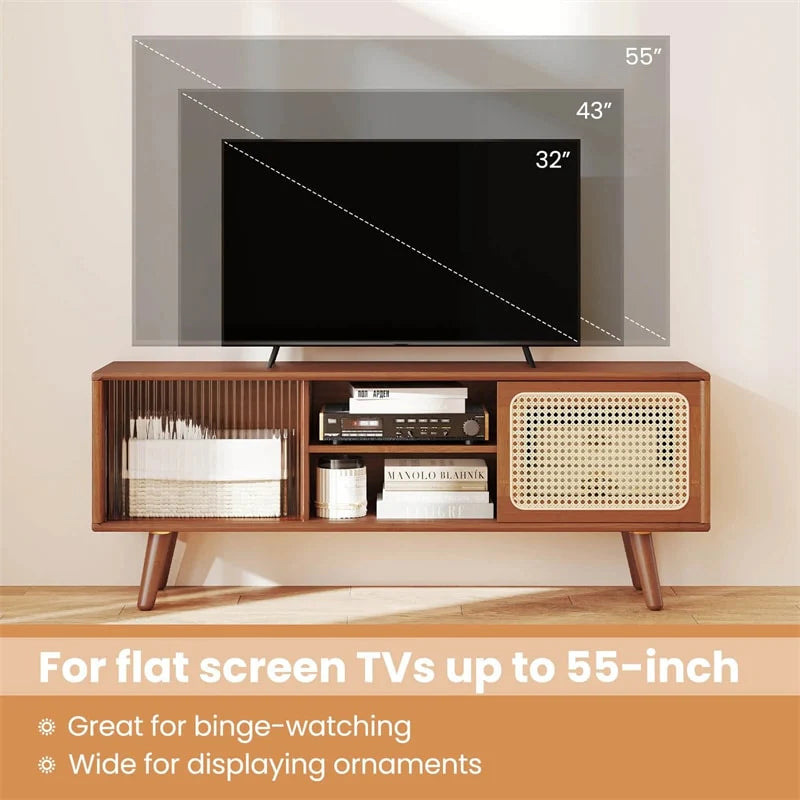 Mid Century Modern TV Stand for TVs up to 55", Bamboo Entertainment Center Media Console with Rattan & Glass Sliding Doors, Adjustable Shelf