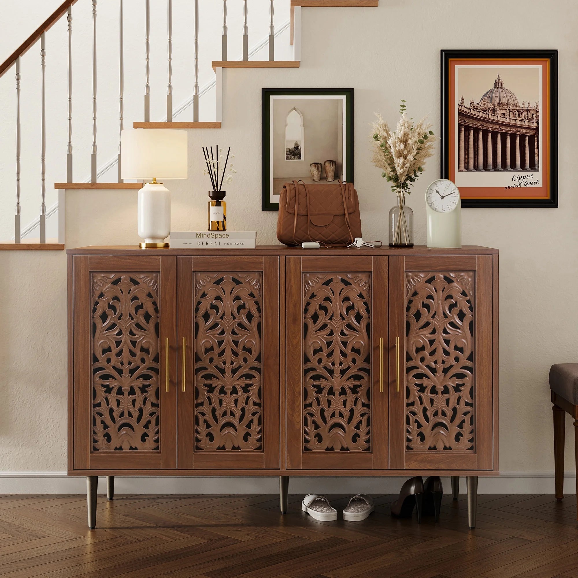 HLR 48" Accent Cabinet with 4 Doors, Vintage Hollow Carving Storage Credenza, Sideboards and Buffets Cabinet for Living Room, Kitchen, Dining Room, Entryway