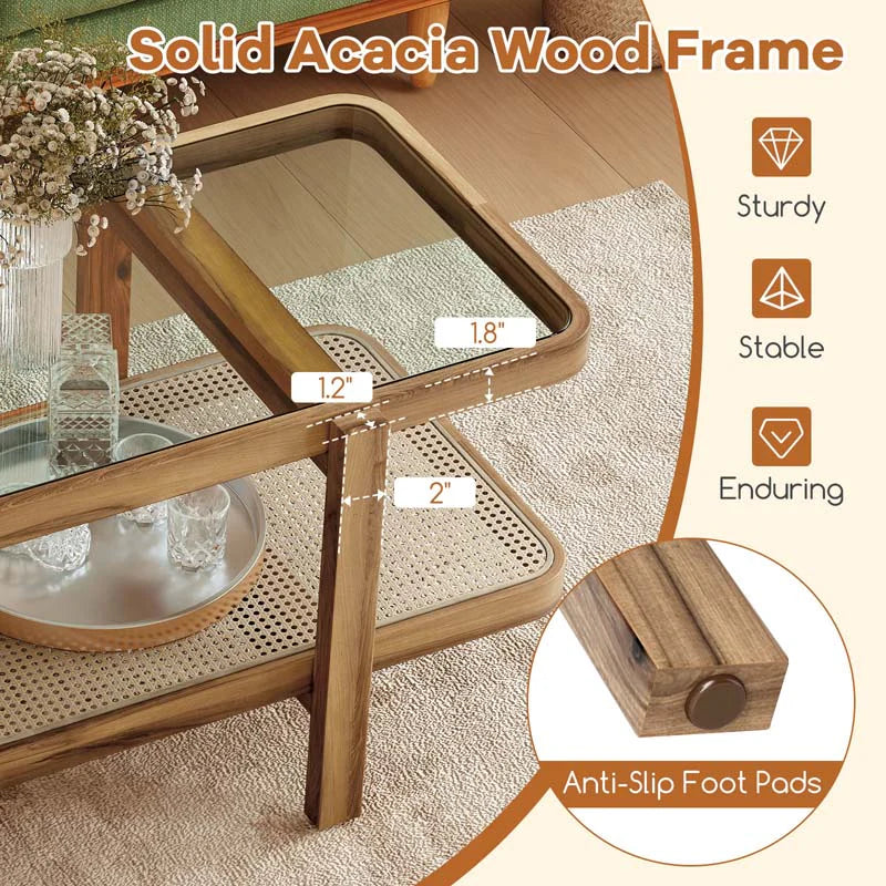 2-Tier Rattan Coffee Table, 47.5" Solid Wood Rectangle Tea Table with Tempered Glass Top & Storage Shelf, Farmhouse Boho Center Table for Living Room