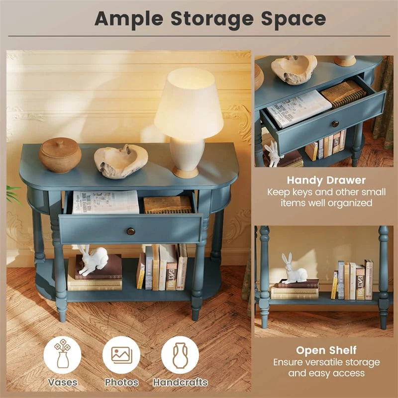 36" 2-Tier Retro Console Table with Storage Drawer & Open Shelf, Solid Wood Narrow Entryway Sofa Table for Living Room, Foyer & Hallway