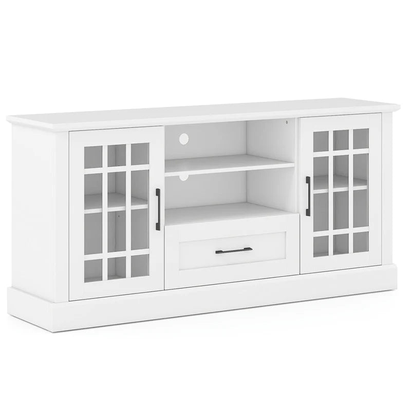 62" Farmhouse TV Stand for 70 Inch TVs, Tall Media Console Table with 2 Glass Doors, Cubbies & Drawer, Storage Cabinet for Living Room - White