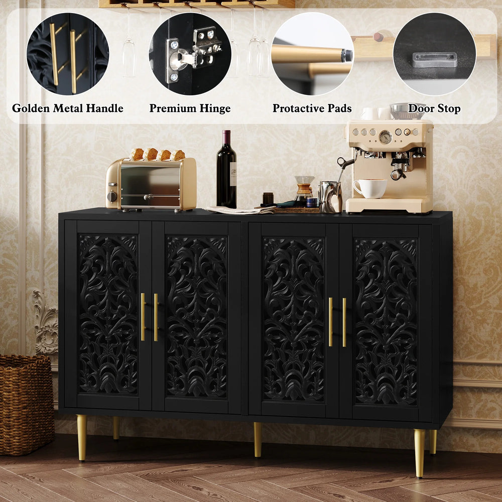 HLR 48" Accent Cabinet with 4 Doors, Vintage Hollow Carving Storage Credenza, Sideboards and Buffets Cabinet for Living Room, Kitchen, Dining Room, Entryway