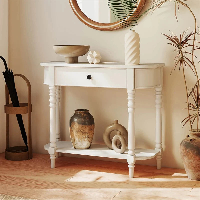 36" 2-Tier Retro Console Table with Storage Drawer & Open Shelf, Solid Wood Narrow Entryway Sofa Table for Living Room, Foyer & Hallway