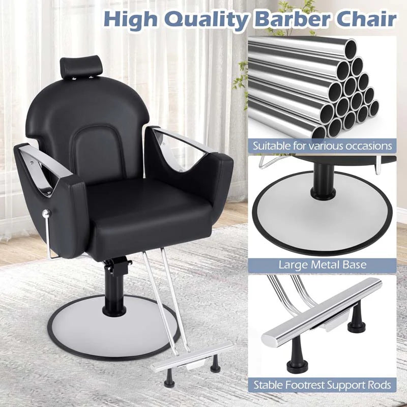 Reclining Barber Chair, 360° Swivel Salon Chair with Heavy Duty Hydraulic Pump, Adjustable Height & Headrest for Hair Styling, Makeup, Tattoo