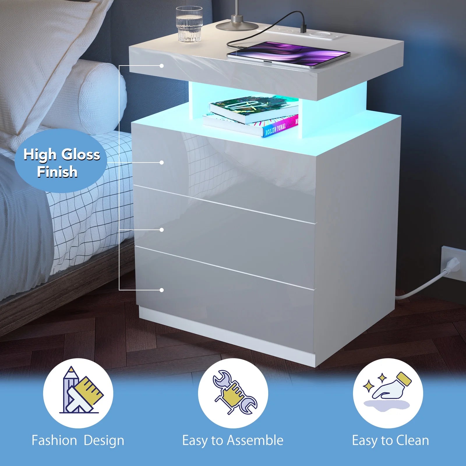 Hommpa LED Nightstand Wireless Charging Station USB Type C Outlets Bedside Table 3 Drawers Black Night Table Modern Smart Nightstand High Gloss End Side Table for Bedroom Furniture 26.8" Tall