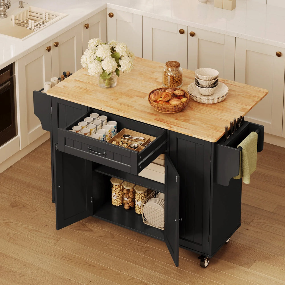 Noelse Kitchen Island with Storage, Island Table for Kitchen with Drop Leaf, Spice Rack, Towel Bar for Small Kitchens, White