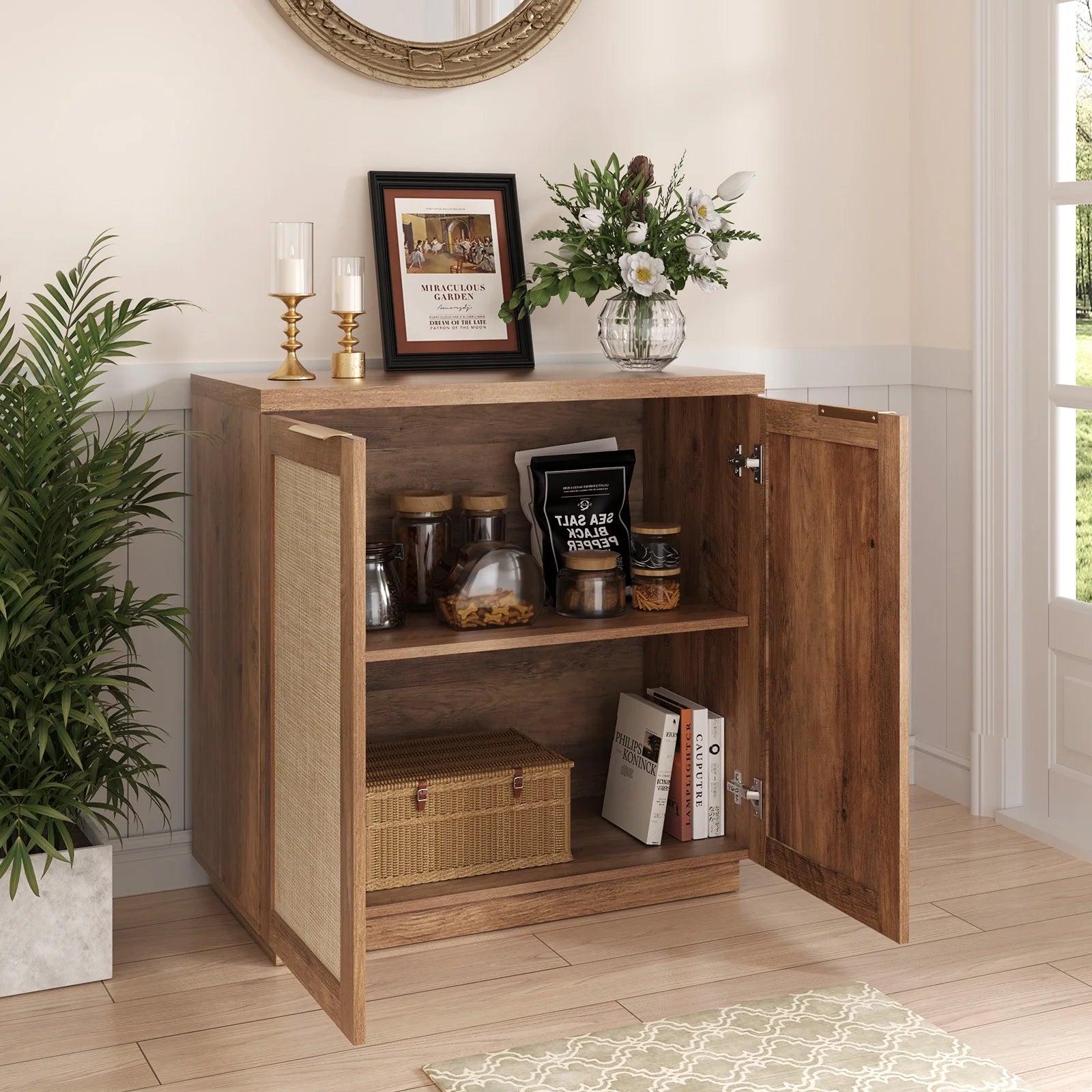 Hommpa Sideboard Buffet Cabinet Rattan Kitchen Storage Organizer with 5 - Position Adjustable Shelf & 2 Doors Boho Farmhouse Accent Cabinets TV Console for Living Dining Room Coffee Bar - 31.5" x 15.55" x 31.5" / 3 Pack